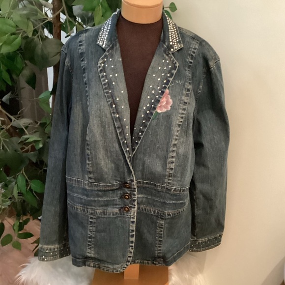 a.n.a Jackets & Blazers - a.n.a 3 button painted floral glitter embellished Jean jacket Woman’s size 2X